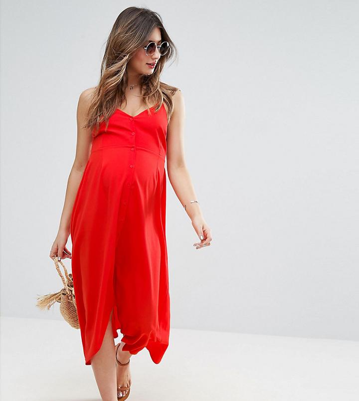 Asos Maternity Button Through Sun Dress With Dipped Hem - Red
