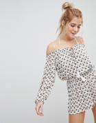 En Creme Long Sleeve Cold Shoulder Romper With Front Tassel - Multi