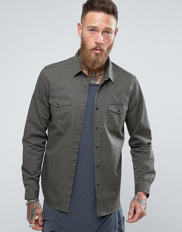 Asos Regular Fit Western Denim Shirt In Khaki - Green
