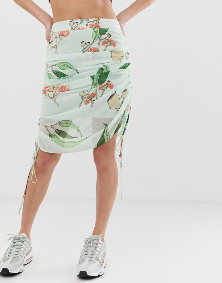 Zya Midi Skirt With Ruched Sides In Floral Print-blue