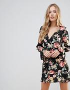Oh My Love Floral Wrap Frill Long Sleeve Dress-multi