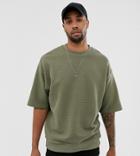 Asos Design Tall Oversized Short Sleeve Sweatshirt In Ribbed Fabric In Khaki - Green