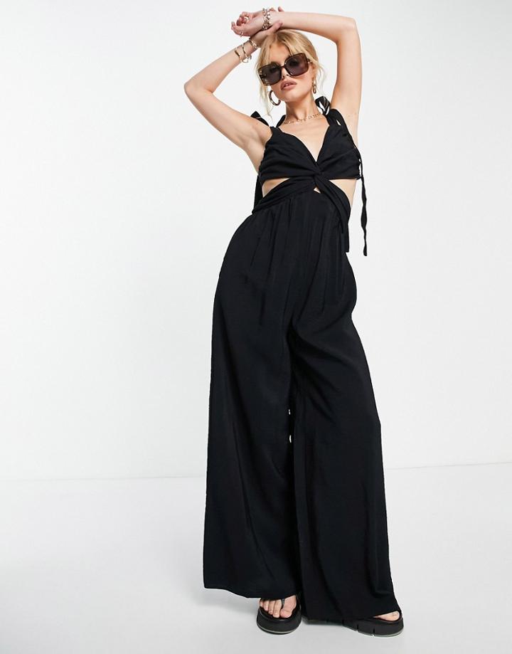 Topshop Tie Sleeve Twist Jumpsuit In Black