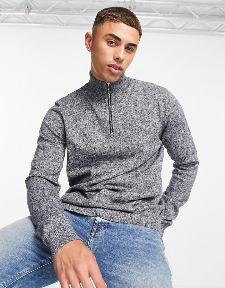Jack & Jones Essentials Quarter Zip Sweater In Navy & White