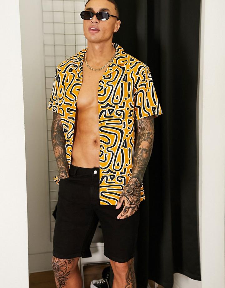 Asos Design Regular Revere Shirt In Mustard Squiggle Print-yellow
