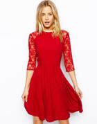 Asos Skater Dress With Lace Sleeves - Pink