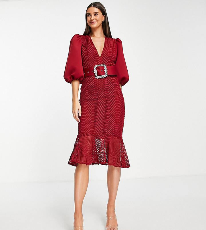 Asos Design Tall Puff Sleeve Wiggle Lace Midi Dress With Pocket Detail In Oxblood-multi