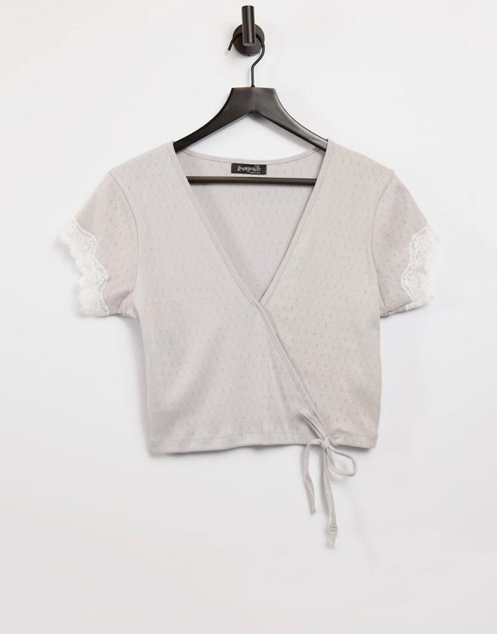 Loungeable Pointelle Lounge Ballet Wrap Top With Lace Trim In Gray-grey