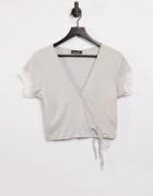 Loungeable Pointelle Lounge Ballet Wrap Top With Lace Trim In Gray-grey