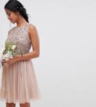 Maya Petite Sleeveless Sequin Bodice Tulle Detail Mini Bridesmaid Dress With Cutout Back - Brown