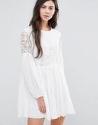 Endless Rose Long Sleeve Skater Dress With Lace Detail - White