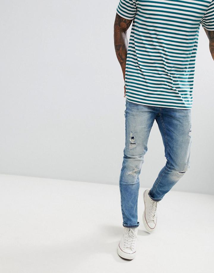 Only & Sons Slim Fit Jeans With Distressing In Id Blue - Blue