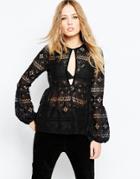 Asos Lace And Velvet Open Front Smock Top - Black