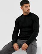Asos Design Muscle Fit Lightweight Cable Sweater In Black - Black