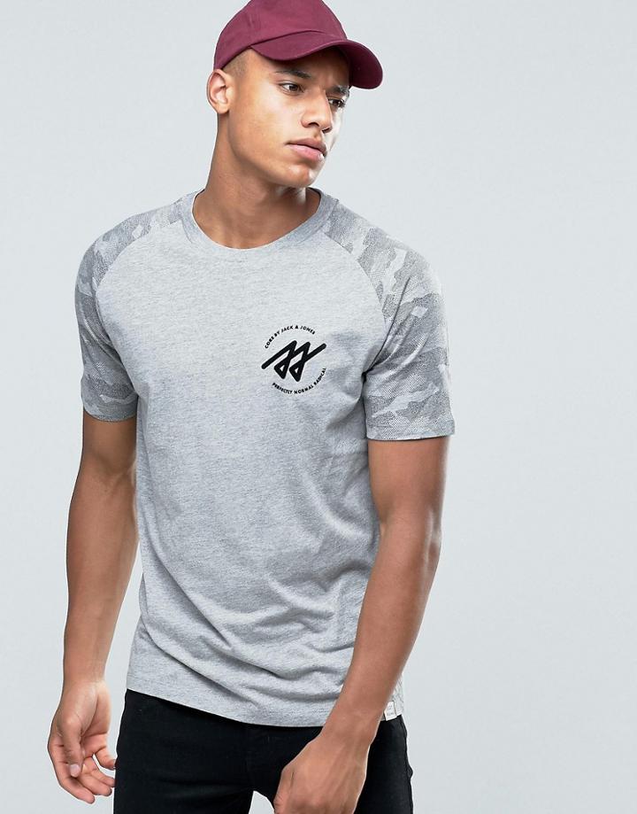 Jack & Jones T-shirt With Raglan Camo Sleeves - Gray