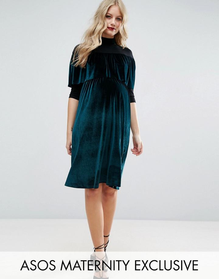 Asos Maternity Nursing Velvet High Neck Mini Dress - Green