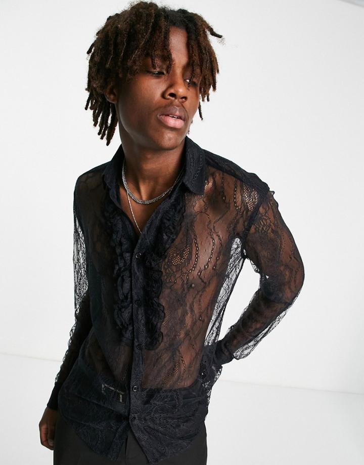Asos Design Skinny Lace Shirt With Ruffle Front In Black