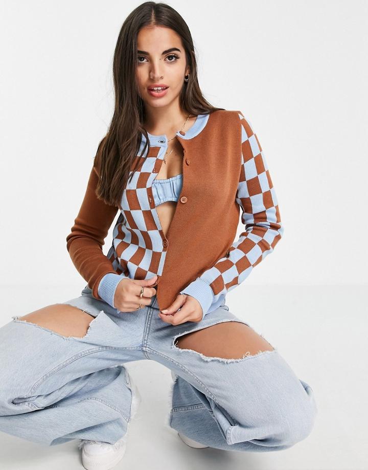 Daisy Street Boxy Cardigan In Checkerboard Knit - Part Of A Set-multi