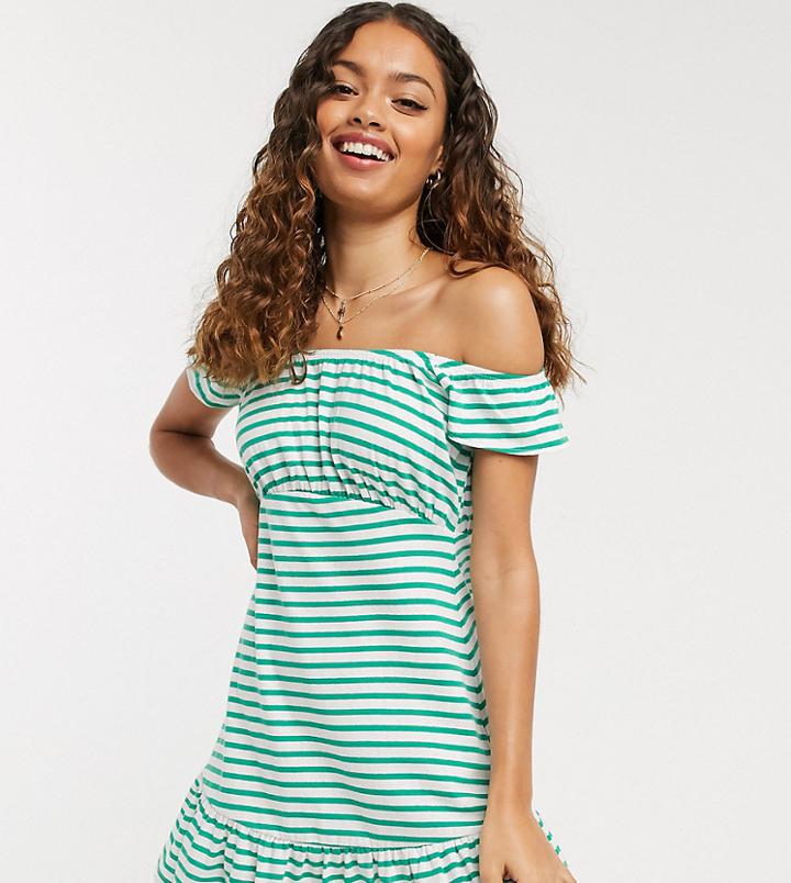 Asos Design Petite Off Shoulder Mini Sunsundress In Green And White Stripe-multi
