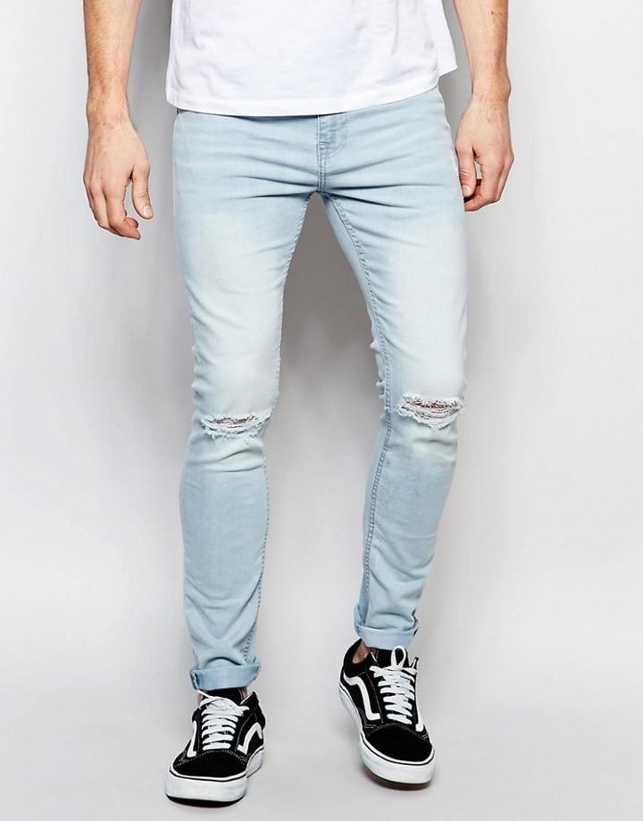 New Look Super Skinny Jean In Light Blue With Rips - Blue