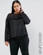 Asos Curve Ruffle Top In Satin With Sheer Panel - Black