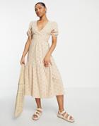 Asos Design Broderie Short Sleeve Tiered Wrap Midi Dress In Sand-brown