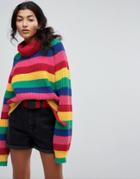 Lazy Oaf Roll Neck Knitted Sweater In Rainbow Stripe - Multi