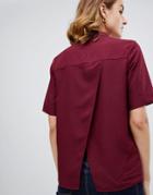 Warehouse Short Sleeve Blouse With Open Back In Burgundy - Purple