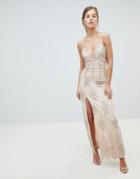 Chi Chi London Scalloped Plunge Maxi Prom Dress With Gold Embroidery-pink