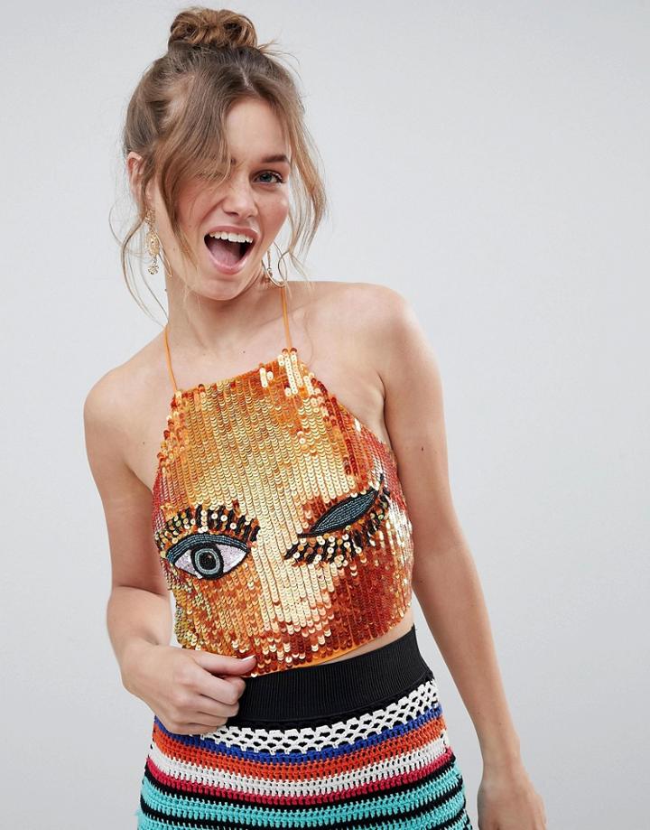 Asos Design Crop Top With Embellished Eye - Multi