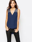 Tfnc Wrap Front Chiffon Top With Embellished Shoulder - Navy $64.00