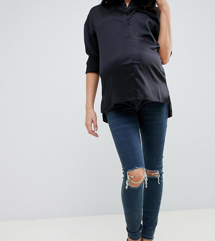 Asos Design Maternity Ridley High Waisted Skinny Jeans In London Blue Wash With Ripped Knees And Over The Bump Waistband