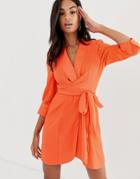 Asos Design Mini Tux Dress With Self Tie Belt-orange