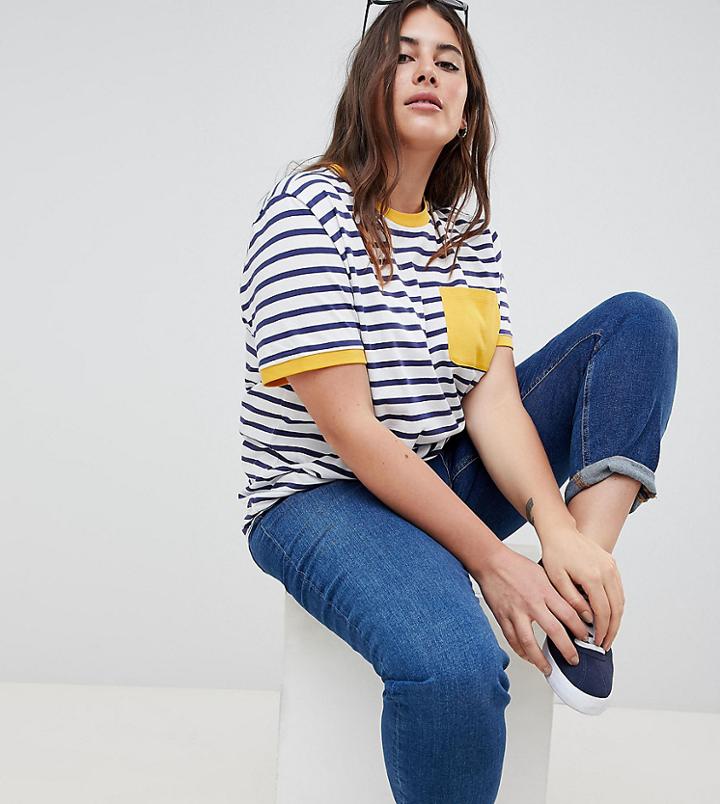 Asos Design Curve Stripe T-shirt With Contrast Pocket - Multi