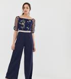 Little Mistress Tall Embroidered Top Wide Leg Jumpsuit In Navy - Navy