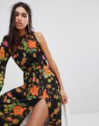 Asos One Shoulder Balloon Sleeve Midi Dress In Floral Print - Multi