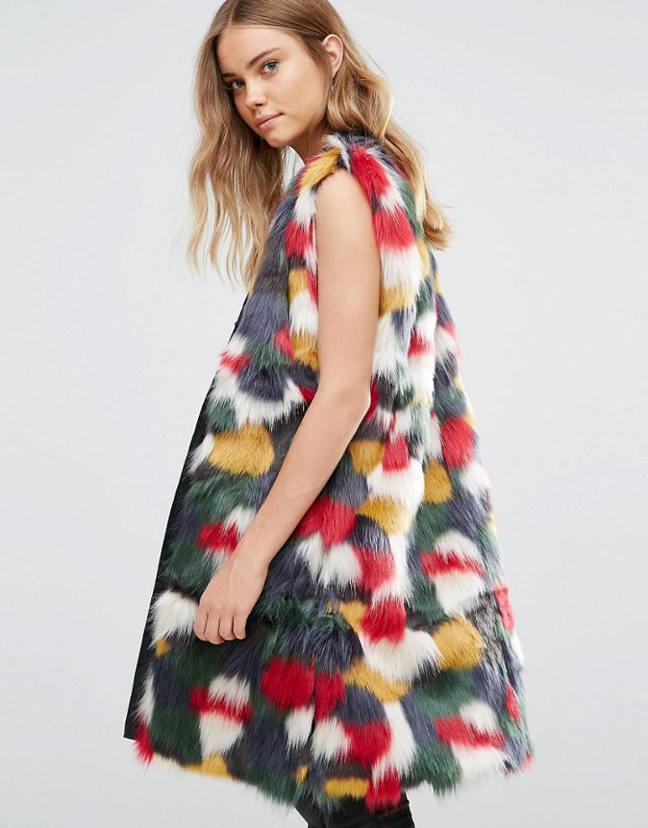 Jayley Luxurious Faux Fur Multicolour Longline Vest - Multi