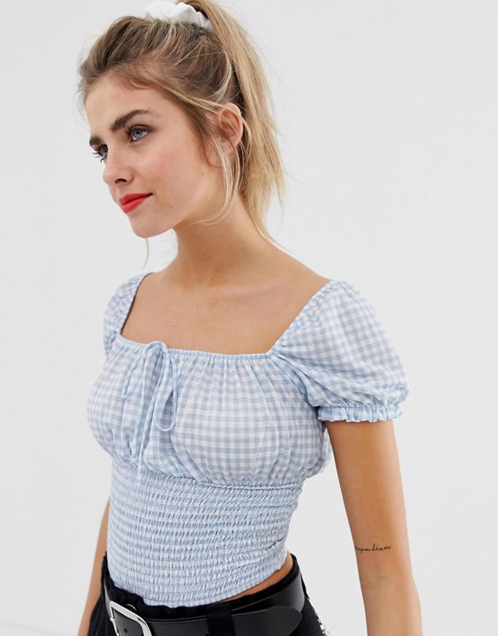 Bershka Sweetheart Top In Blue Gingham - Blue