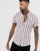 Asos Design Skinny Fit Shirt In Pink And Navy Stripe