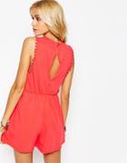 Asos Drop Armhole Jersey Romper With Pom Poms - Red