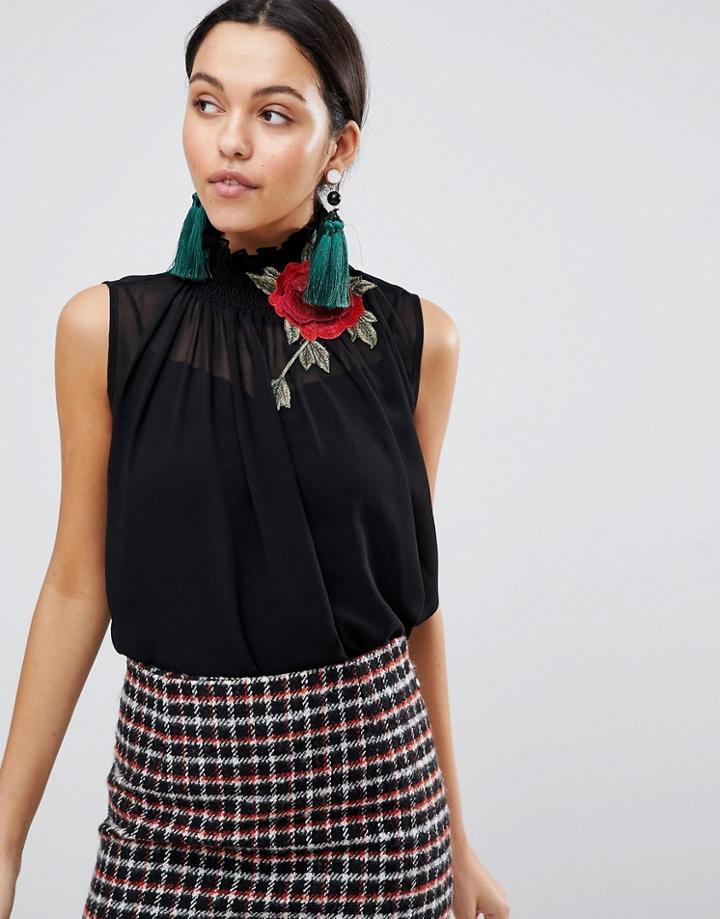 Traffic People High Neck Top With Rose Embroidery - Black