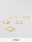 Asos Design Pack Of 5 Rings In Engraved And Cut Out Square Design In Gold - Gold