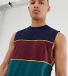 Asos Design Tall Relaxed Sleeveless T-shirt With Dropped Armhole With Color Block And Piping - Navy