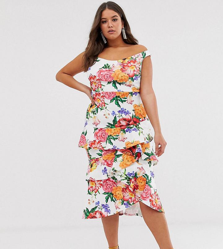 True Violet Plus Bardot Midi Dress With Frill Skirt In Floral - Multi