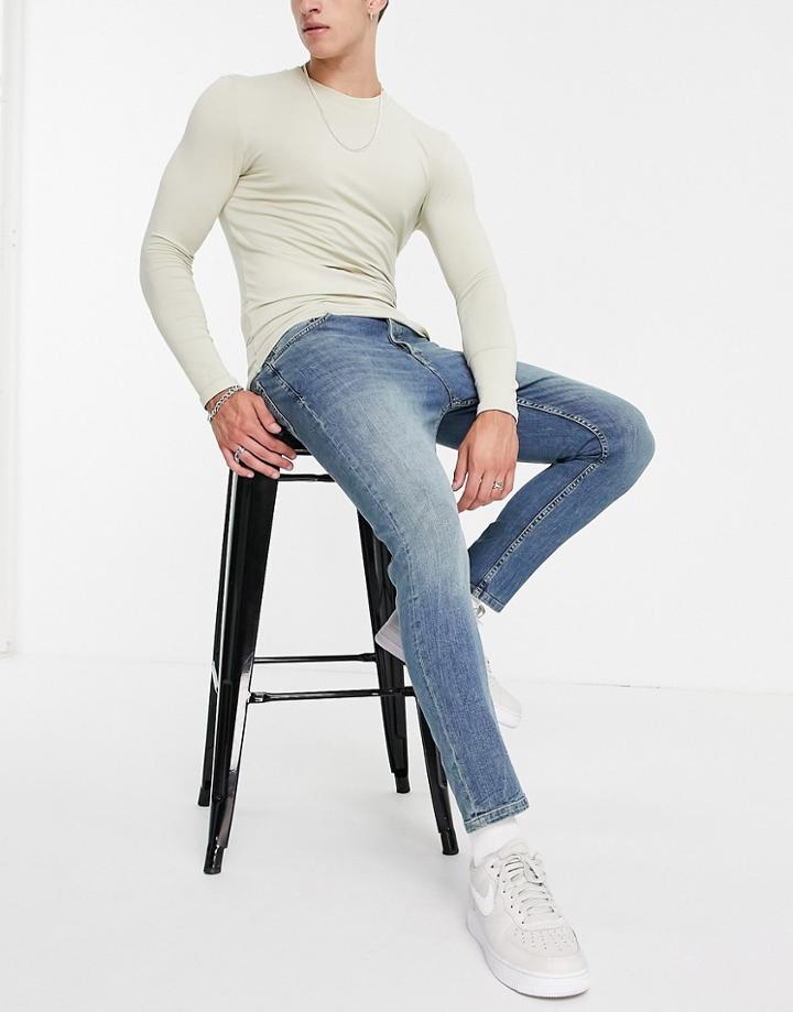Topman Stretch Taper Jeans In Mid Wash Green Cast Tint-blues