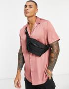 Asos Design Satin Shirt With Deep Revere Collar In Pink