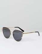 South Beach Flat Lens Cat Eye Sunglasses With Gold Brow Bar - Black