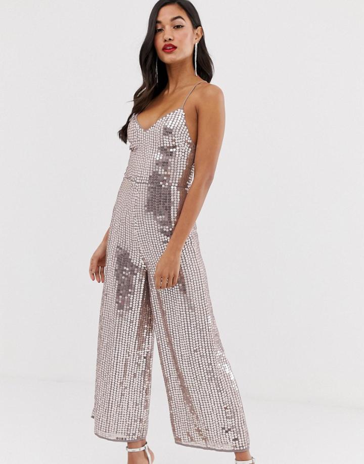 Asos Design Sequin Strappy Cross Back Culotte Jumpsuit-silver