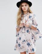 Honey Punch Button Front Tea Dress With Flared Sleeves And Tie Neck Detail In Floral - Multi