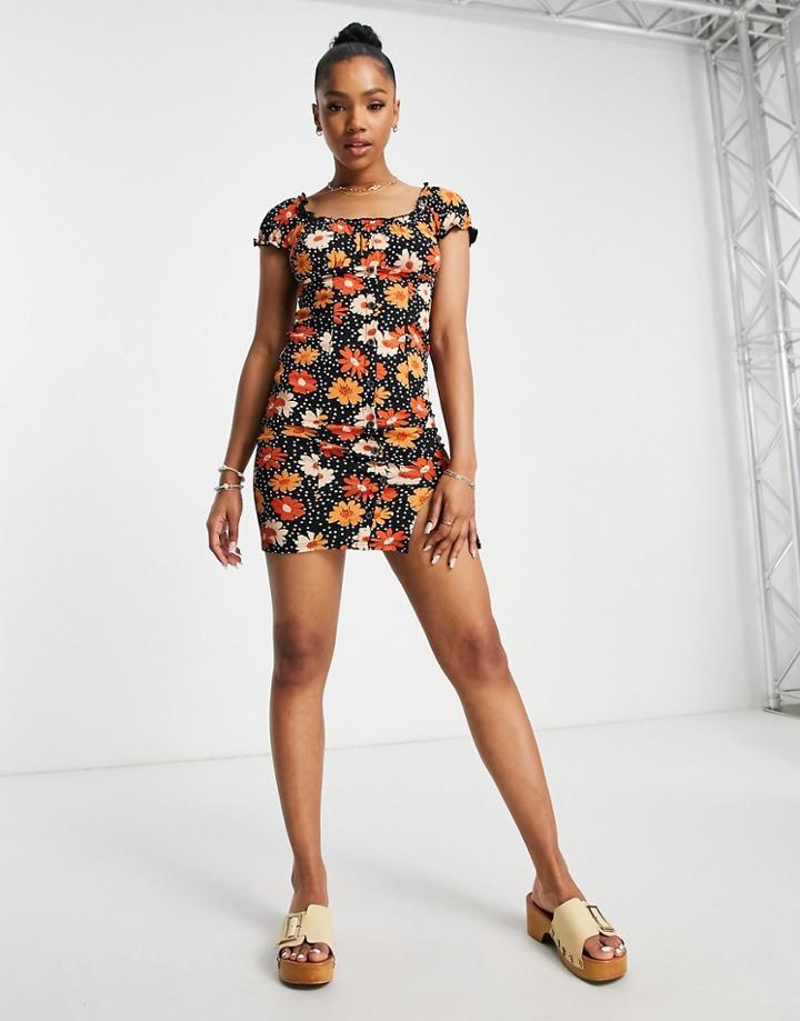 Miss Selfridge Fitted Button Through Mini Dress In Black Stamp Sunflower
